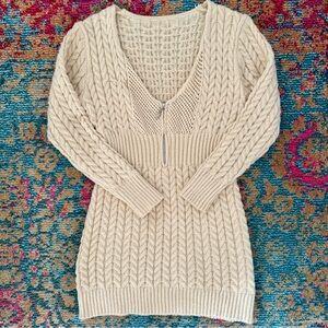 Cream V-Neck Long Sleeve Sweater Dress | Synched Waist | Size S/M